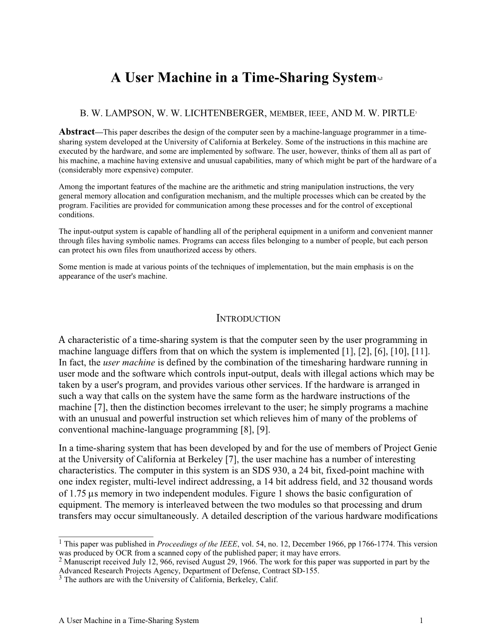 Lampson, Lichtenberger, and Pirtla - a User Machine in a Time-Sharing System