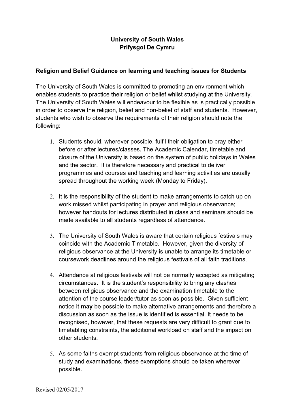 Religion and Belief Guidance on Learning and Teaching Issues for Students