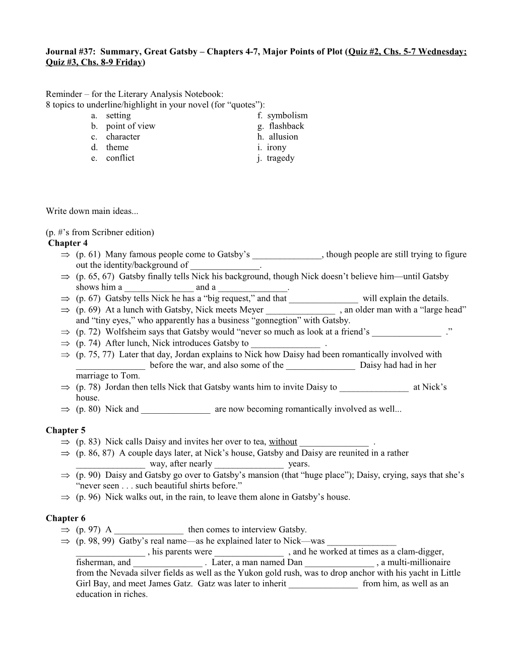 Journal #____: Summary, Great Gatsby Major Points of Plot