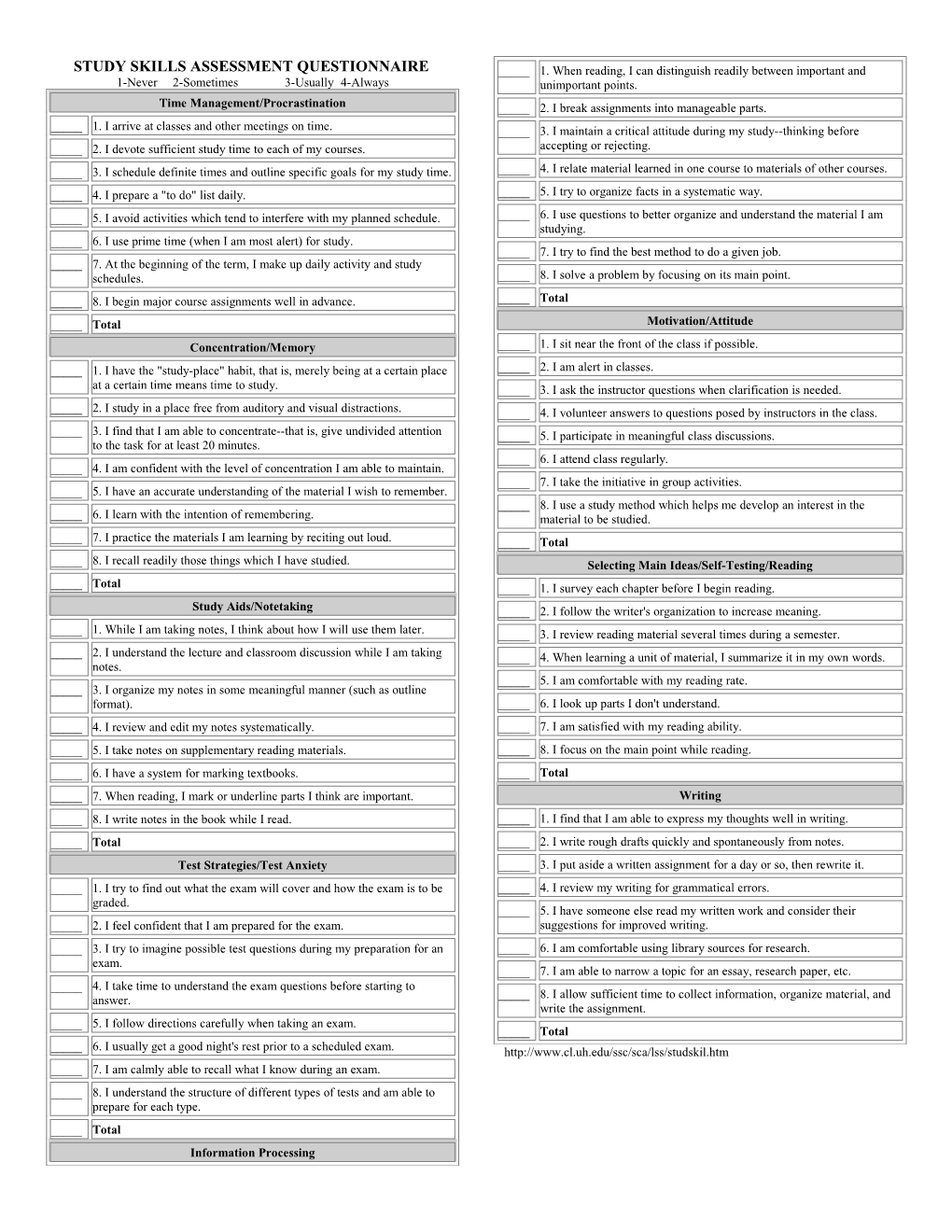 Study Skills Assessment Questionnaire