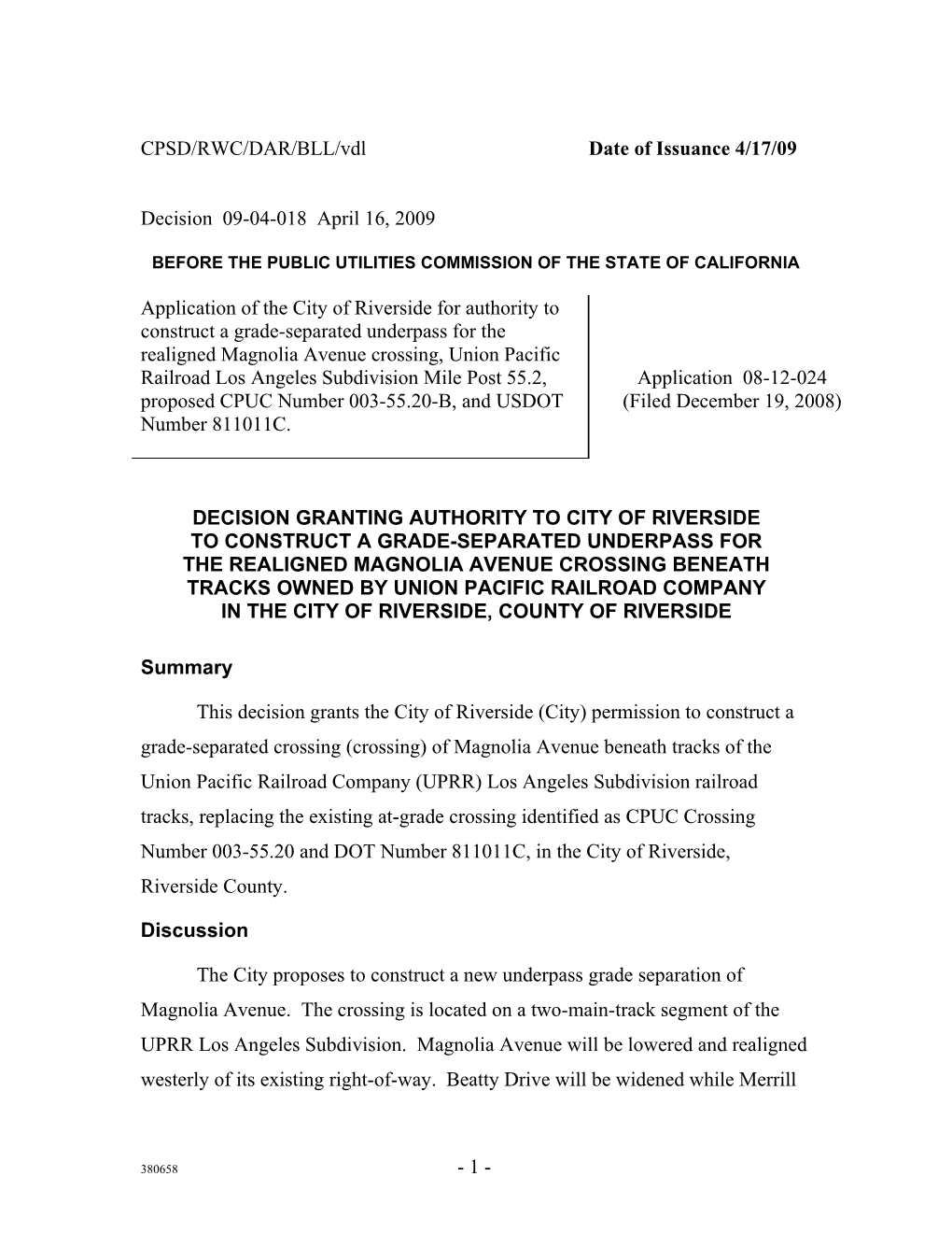 CPSD/RWC/DAR/BLL/Vdl Date of Issuance 4/17/09