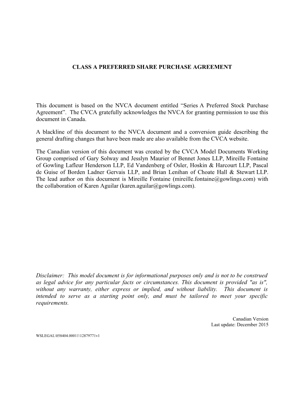 Class a Preferred Share Purchase Agreement