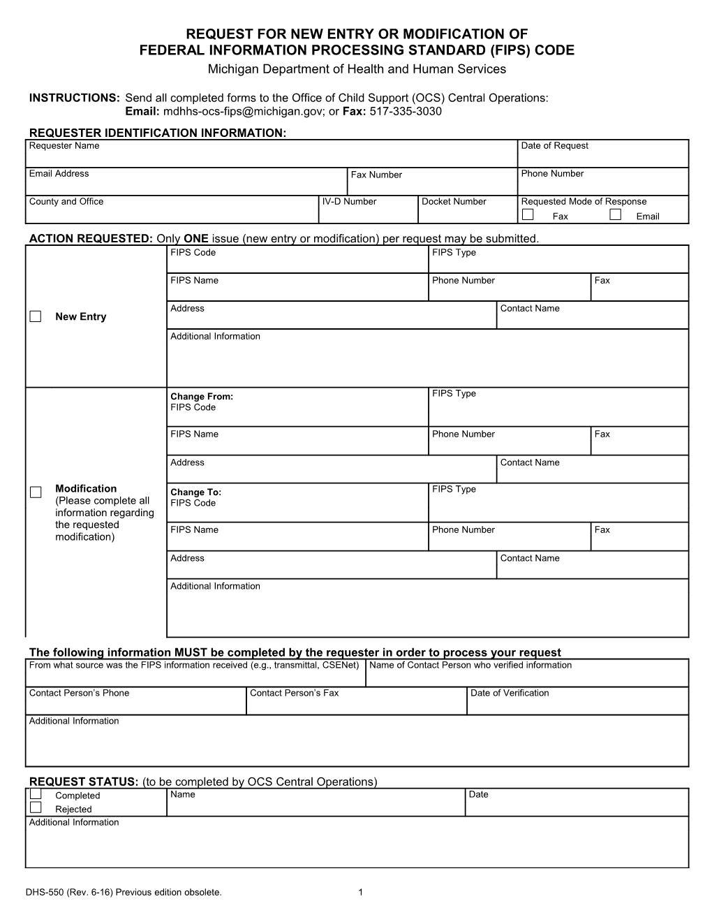 DHS-550, Request for New Entry Or Modification of Federal Information Processing Standards Code