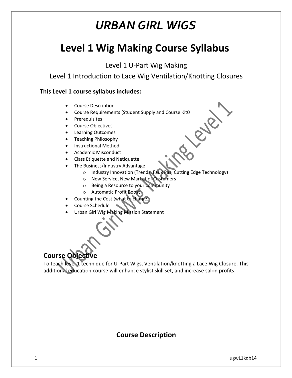 This Level 1 Course Syllabus Includes