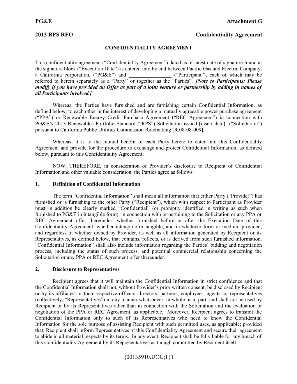 Attachment G Confidentiality Agreement