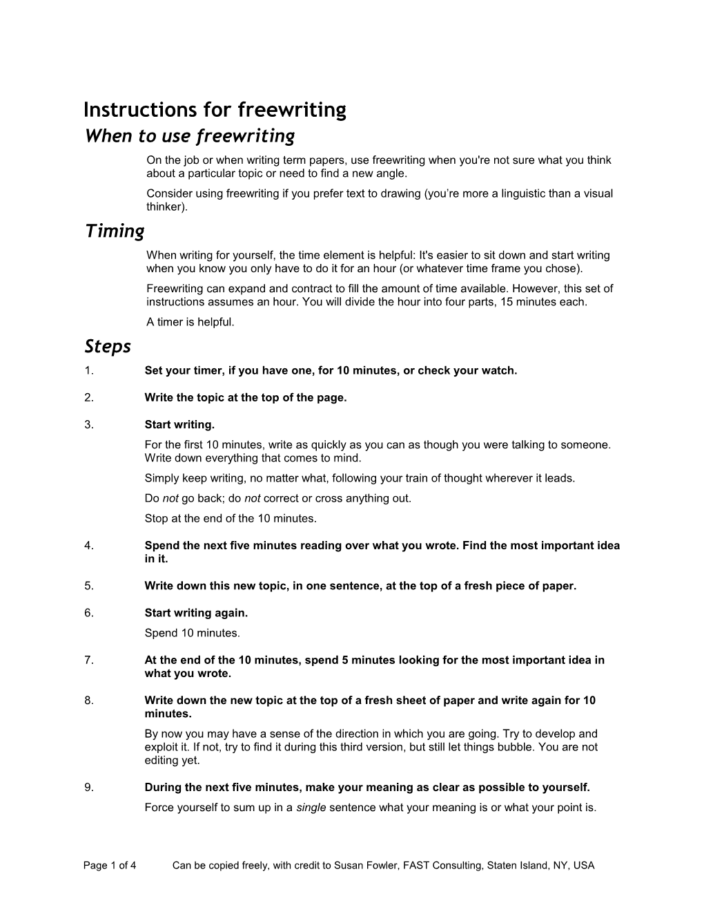Instructions for Freewriting