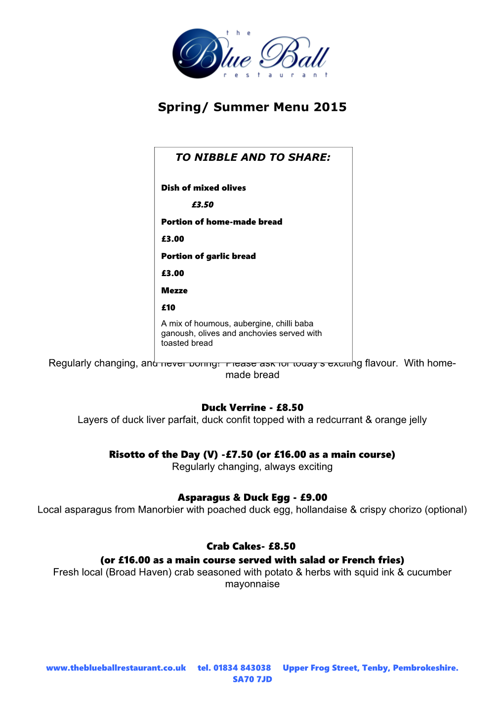 Spring/ Summer Menu 2015