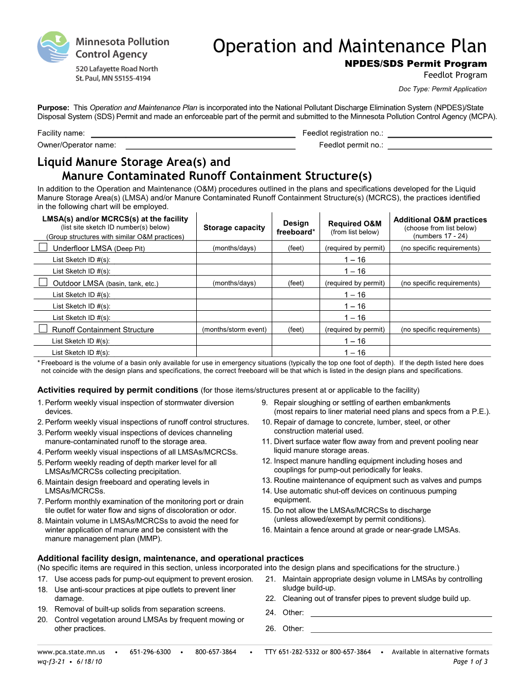 Operation and Maintenance Plan - Form