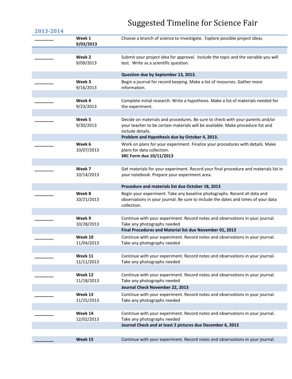 Suggested Timeline for Science Fair