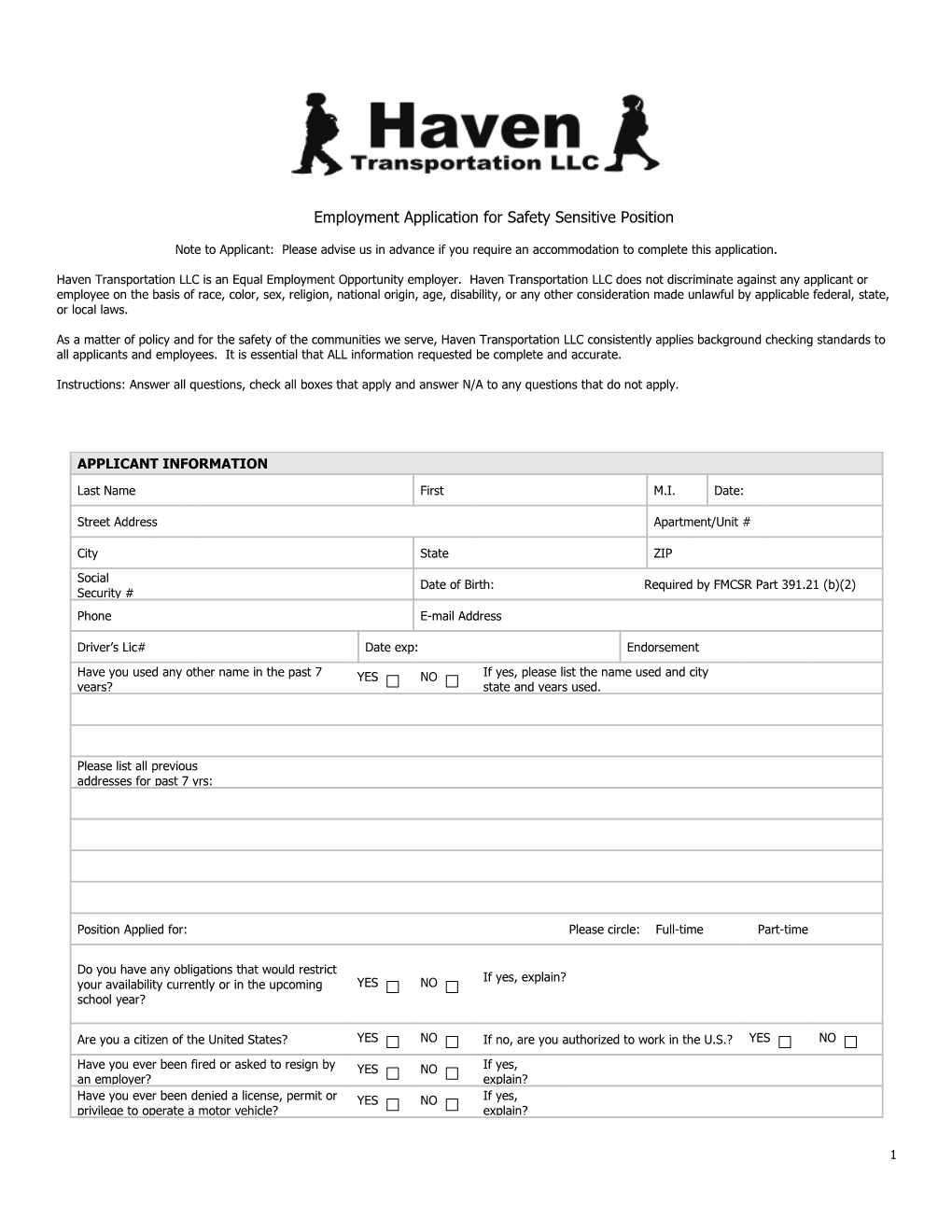 Employment Applicationfor Safety Sensitive Position