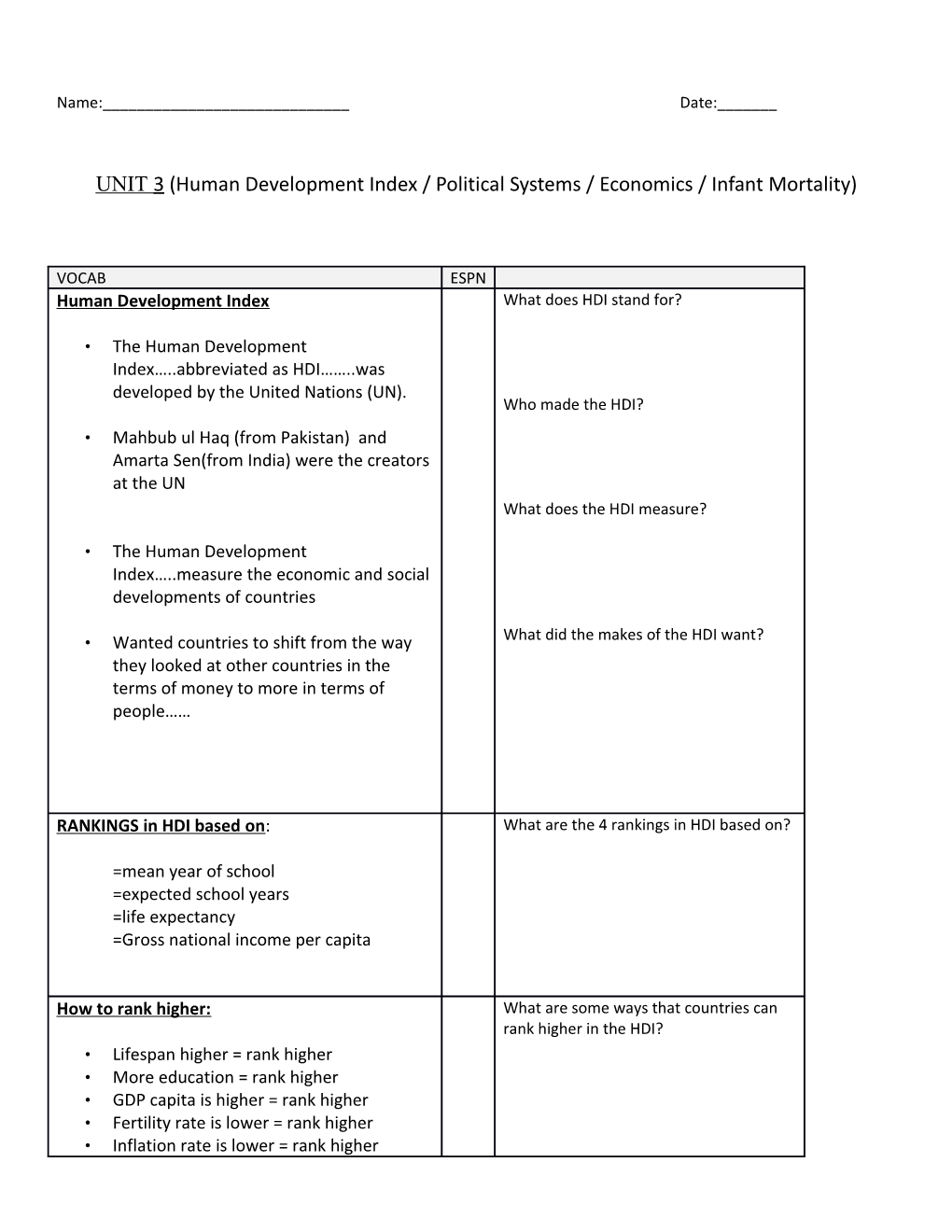 UNIT 3 (Human Development Index / Political Systems / Economics / Infant Mortality)