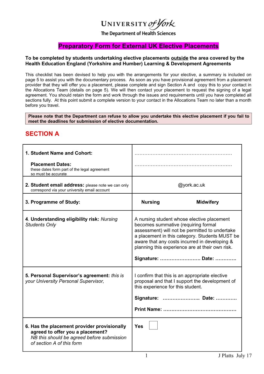 Preparatory Form for External UK Elective Placements