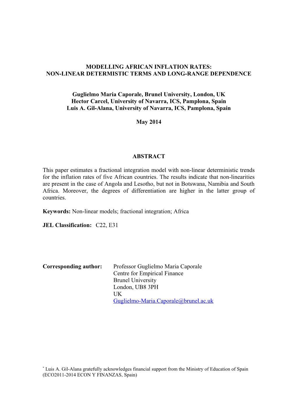 Non-Linear Determistic Terms in the Context of Long Range Dependence for Some African Inflation