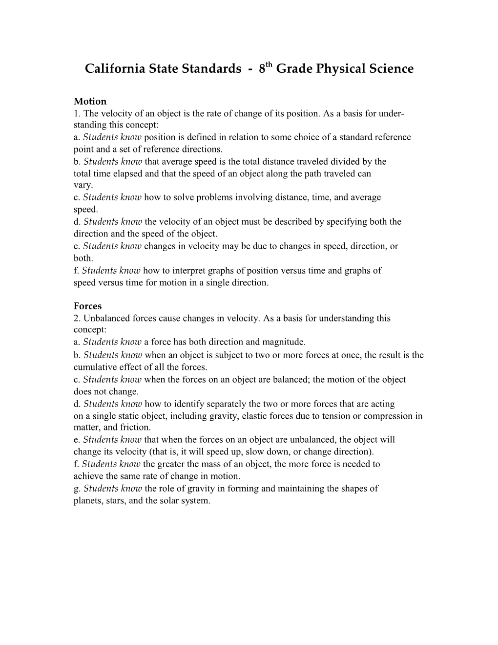 California State Standards - Focus on Physical Science