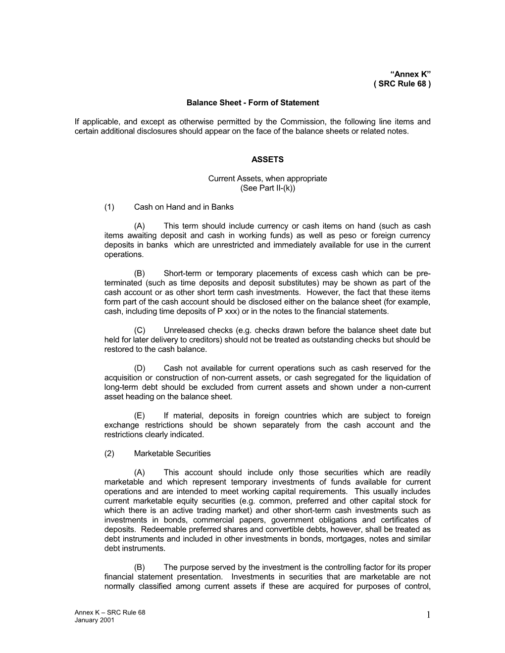 Balance Sheet - Form of Statement