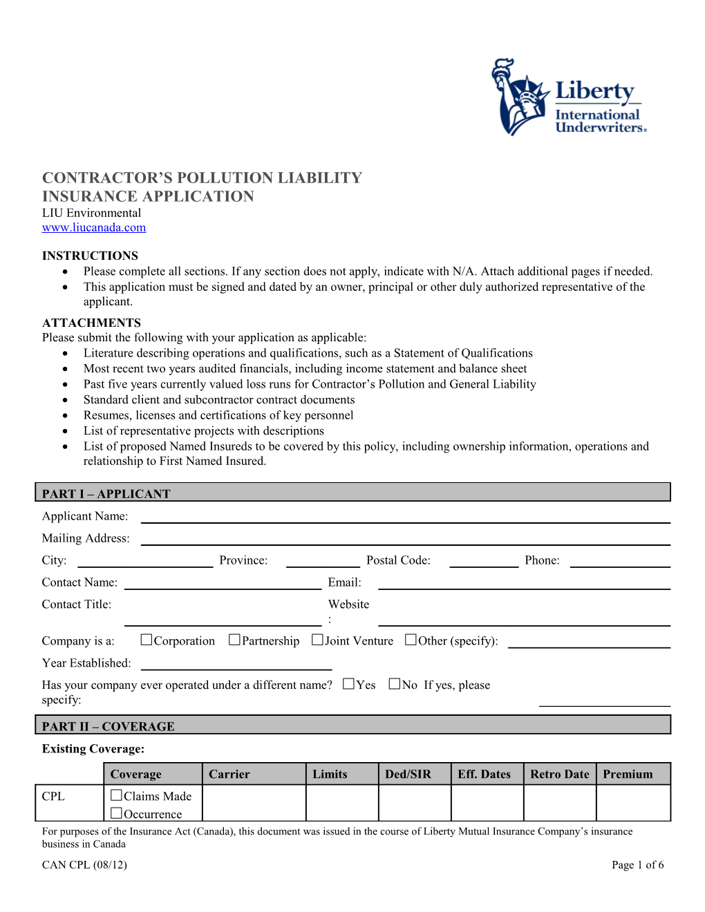 Application - Contractors Pollution Liability