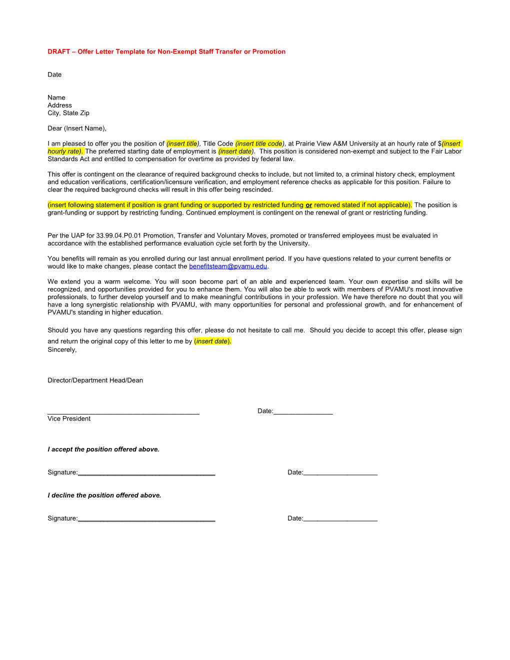 DRAFT Offer Letter Template for Non-Exempt Staff Transfer Or Promotion