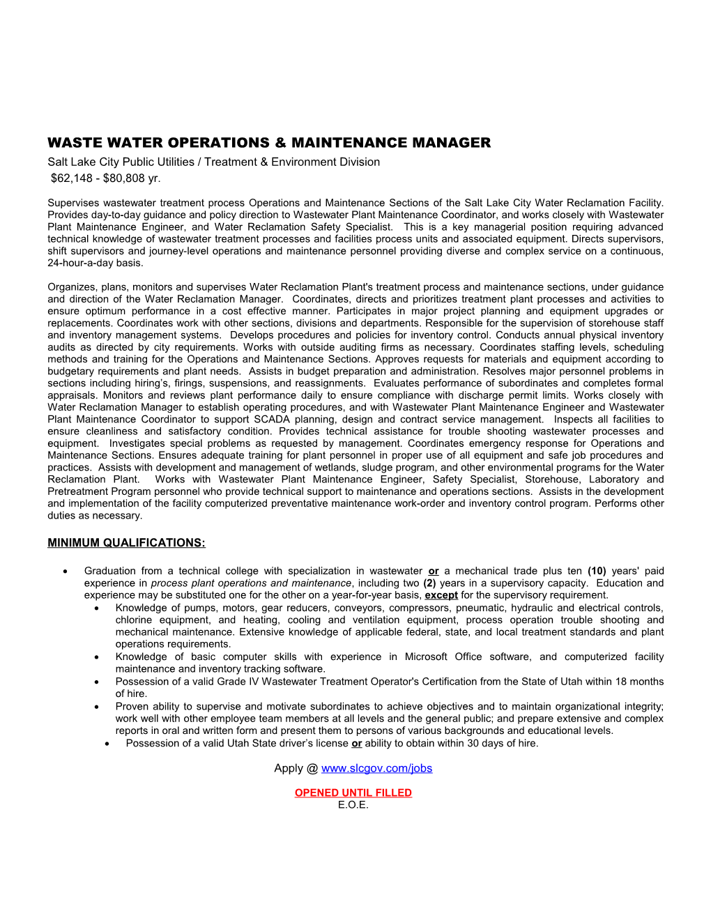 Wastewater Operations & Maintenance Manager