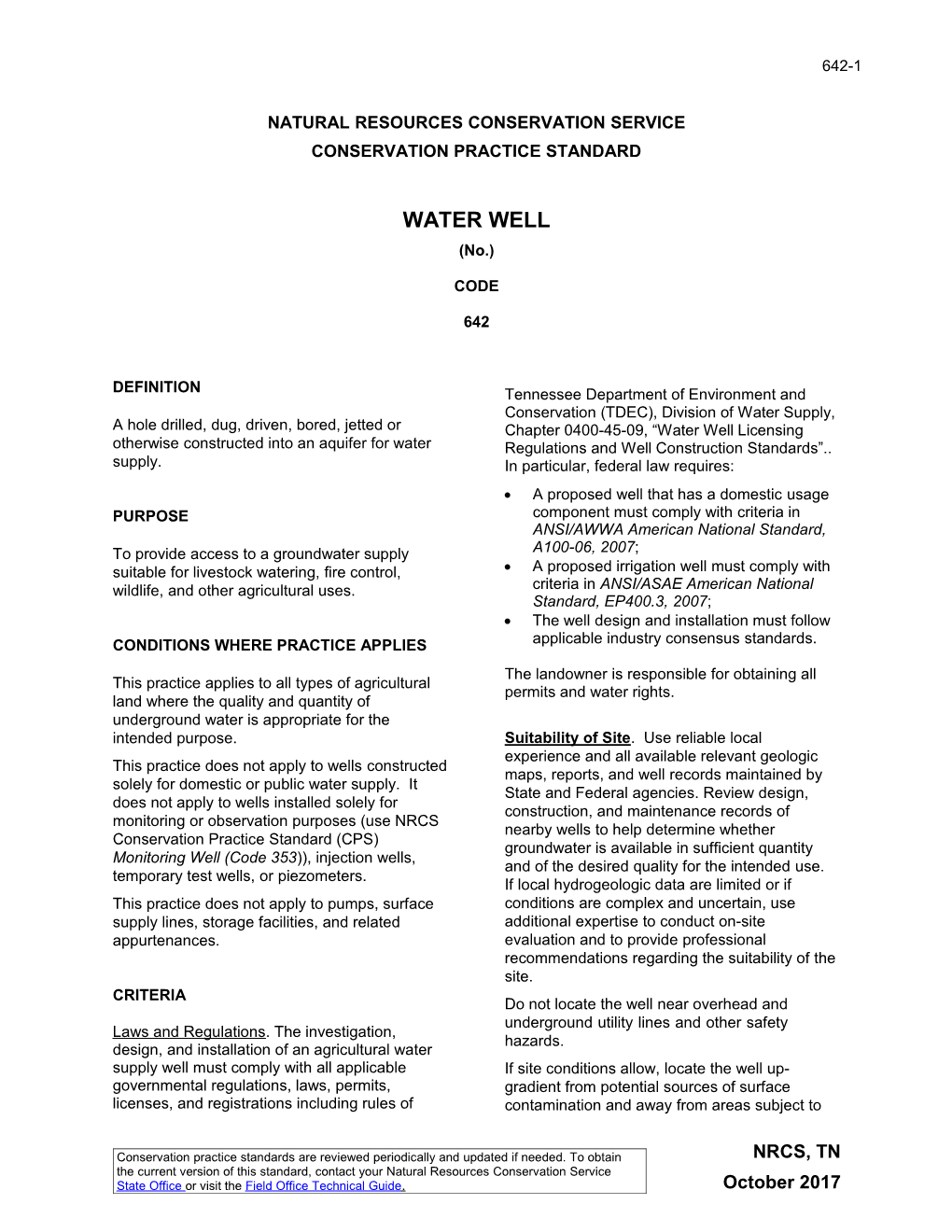 Natural Resources Conservation Service Conservation Practice Standard