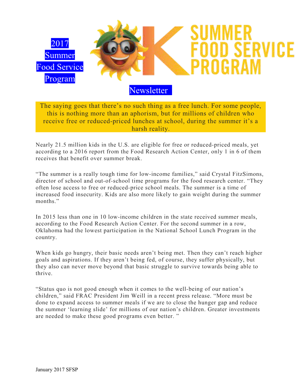 2017Summer Food Service Program Newsletter