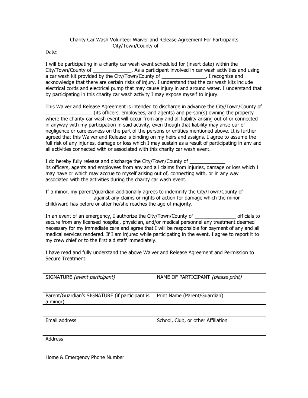 Charity Car Wash Volunteer Waiver and Release Agreement