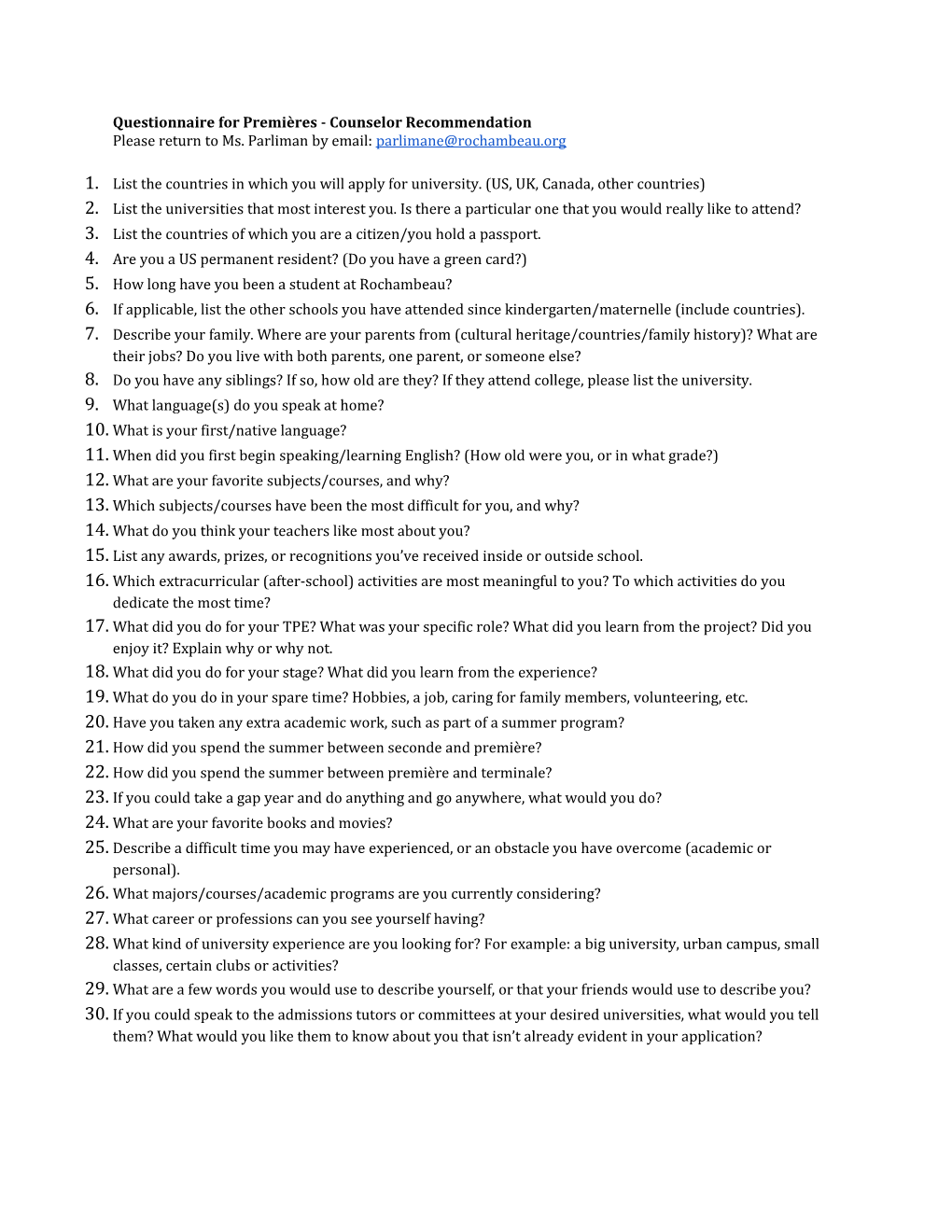 Questionnaire for Premières - Counselor Recommendation