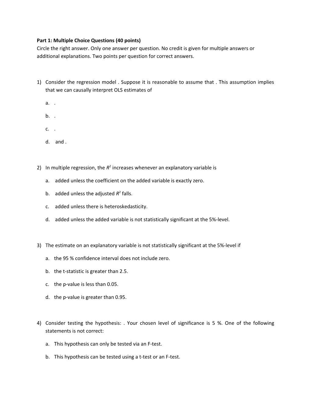 Part 1: Multiple Choice Questions (40 Points)