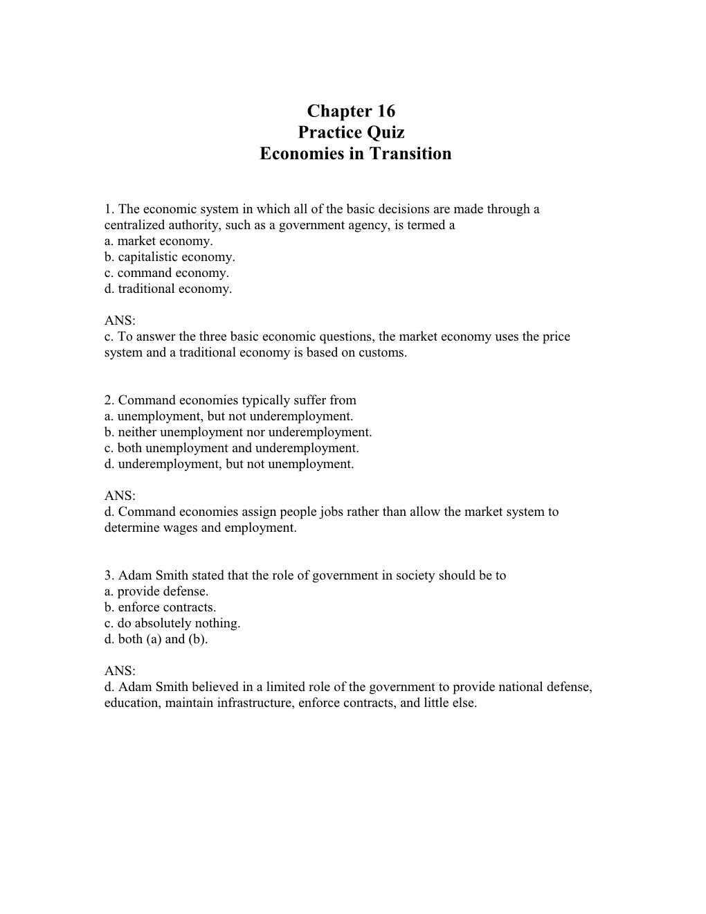 Chapter 16 Practice Quiz Economies in Transition