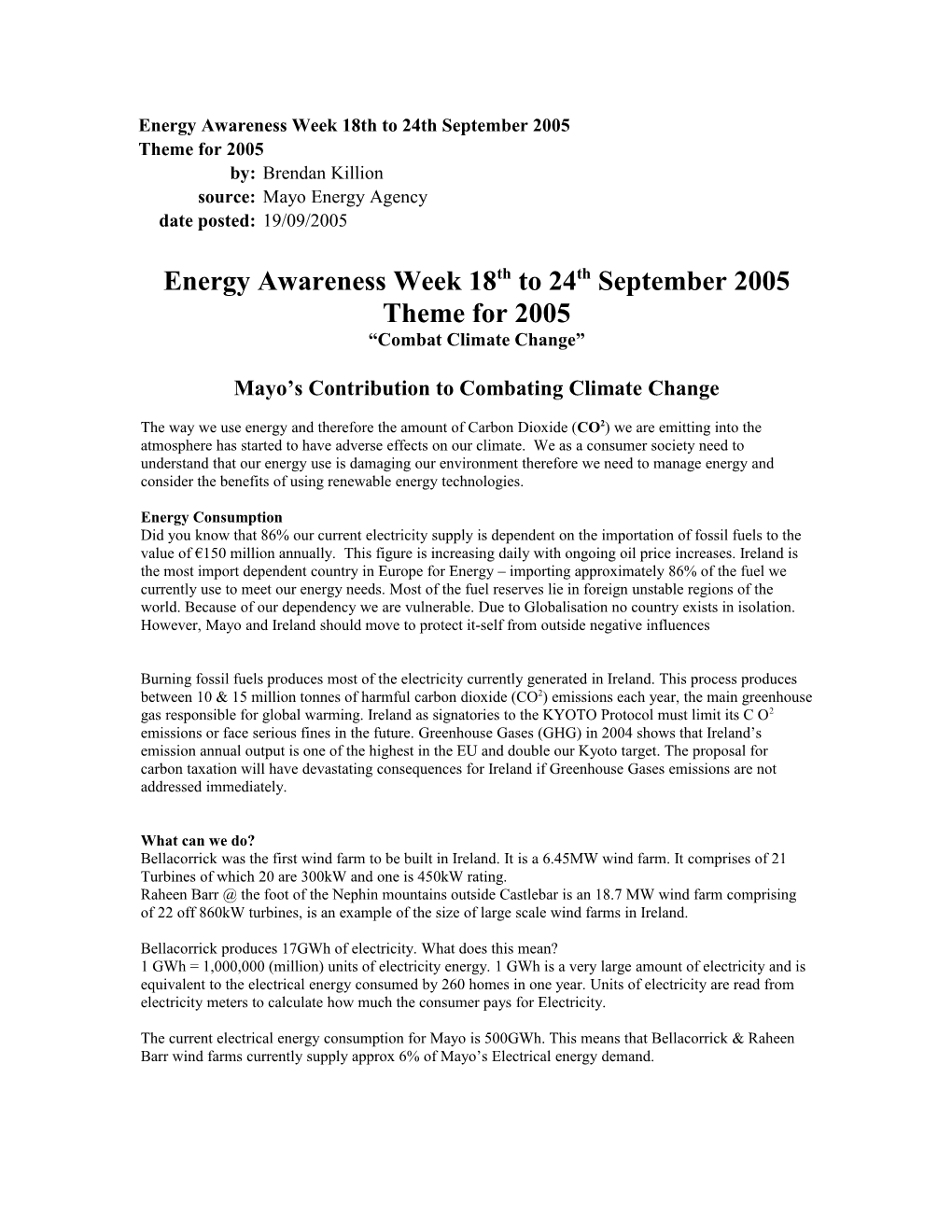 Energy Awareness Week 18Th to 24Th September 2005