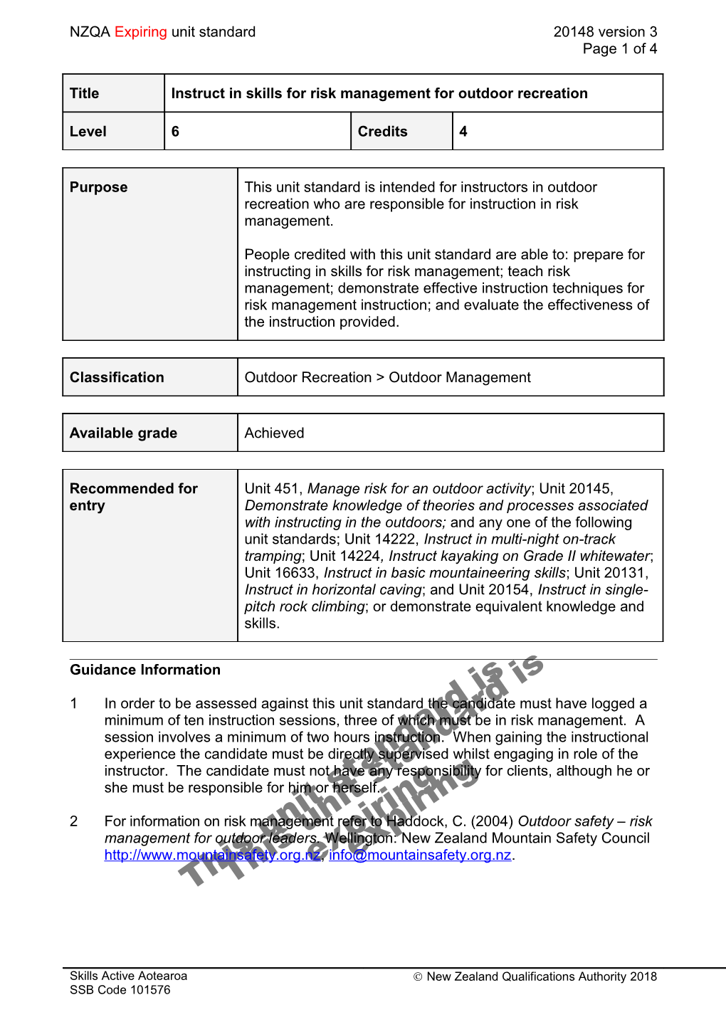 20148 Instruct in Skills for Risk Management for Outdoor Recreation