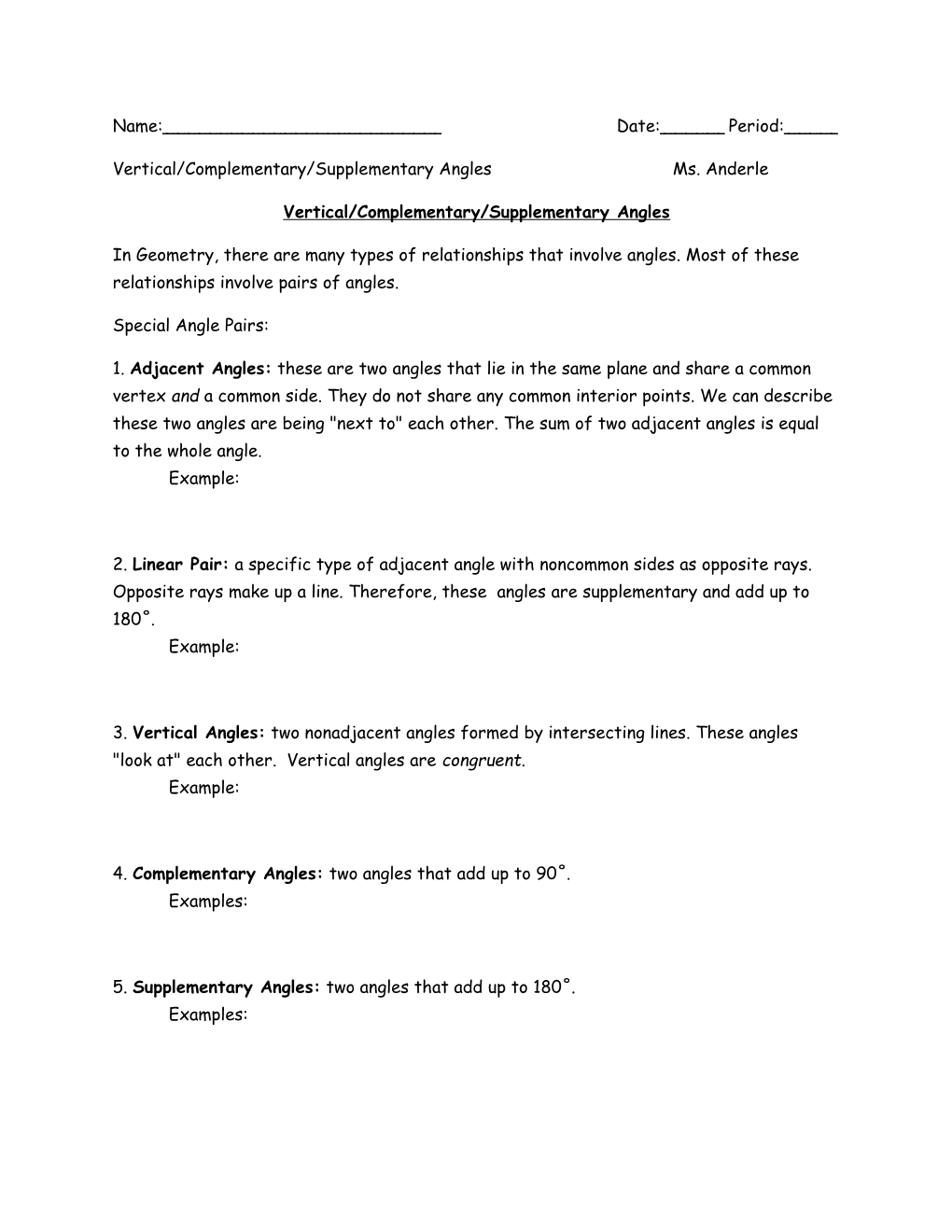 Vertical/Complementary/Supplementary Angles