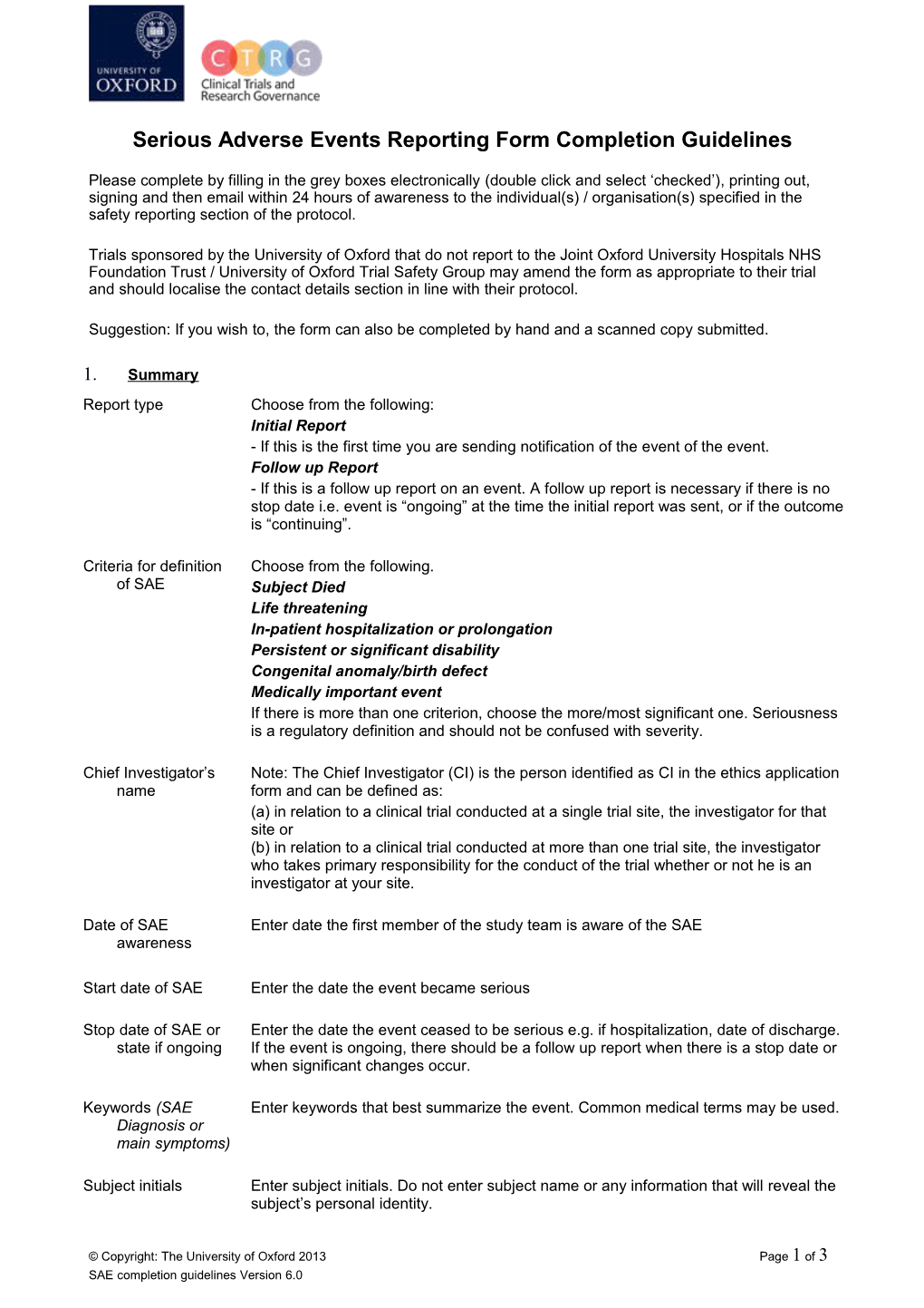 Criteria for Definition of SAE