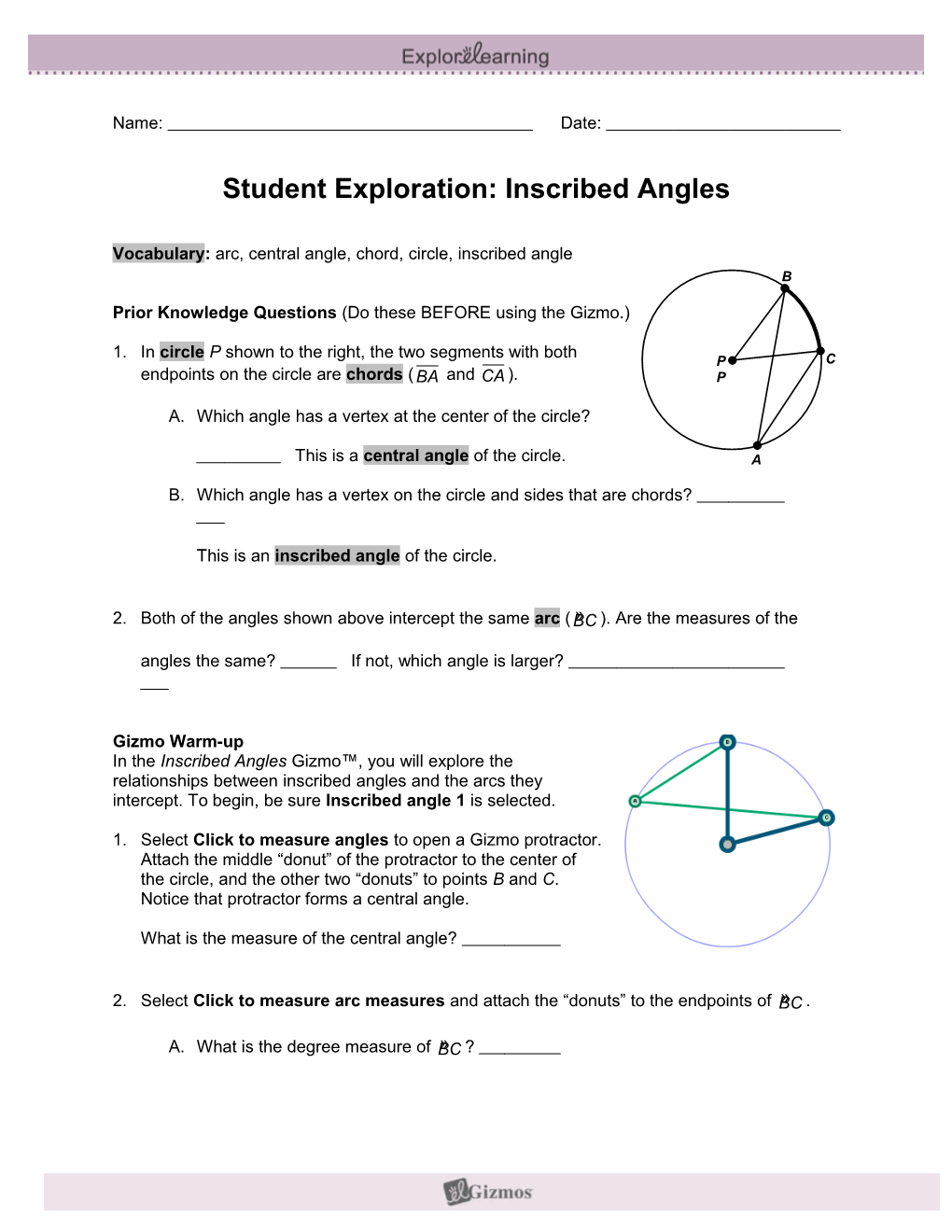 Student Exploration: Inscribed Angles