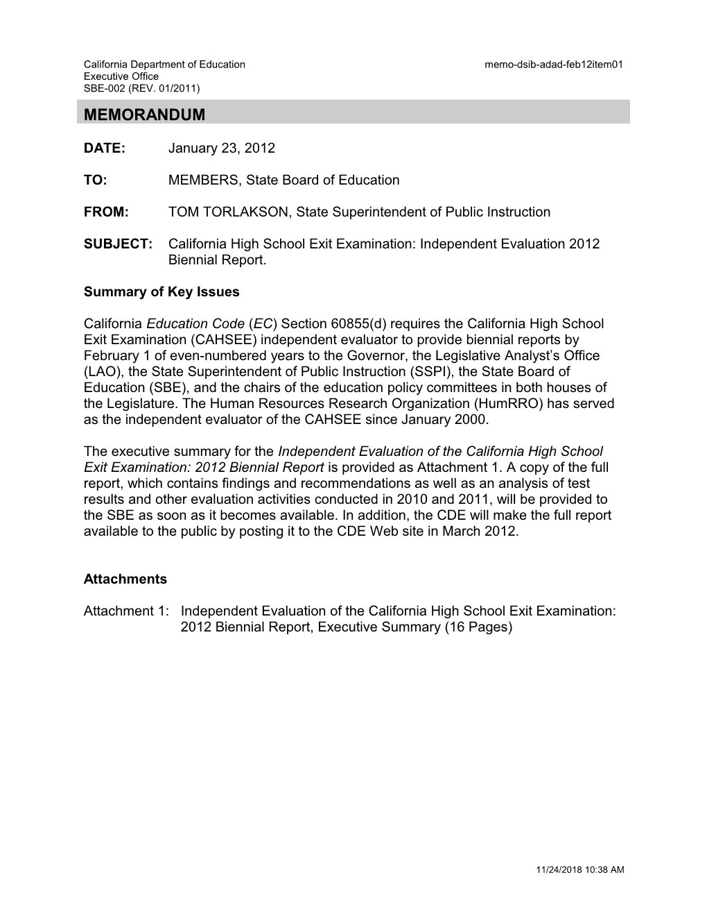 February 2012 Memorandum ADAD Item 1 - Information Memorandum (CA State Board of Education)