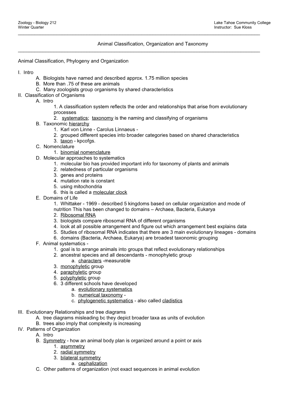 Zoology - Biology 212Lake Tahoecommunity College