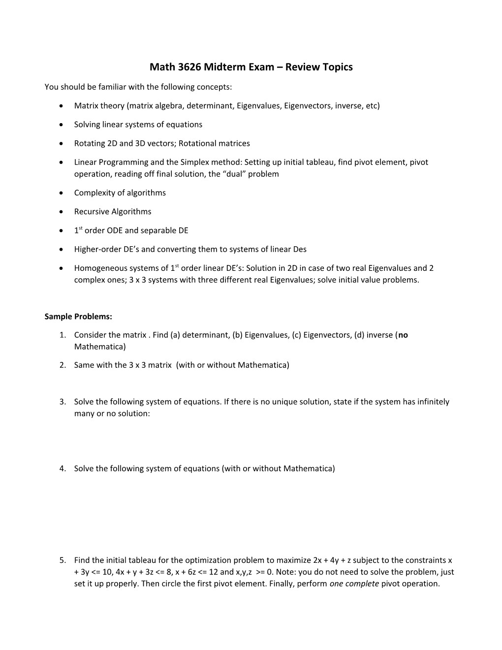 Math 3626 Midterm Exam Review Topics