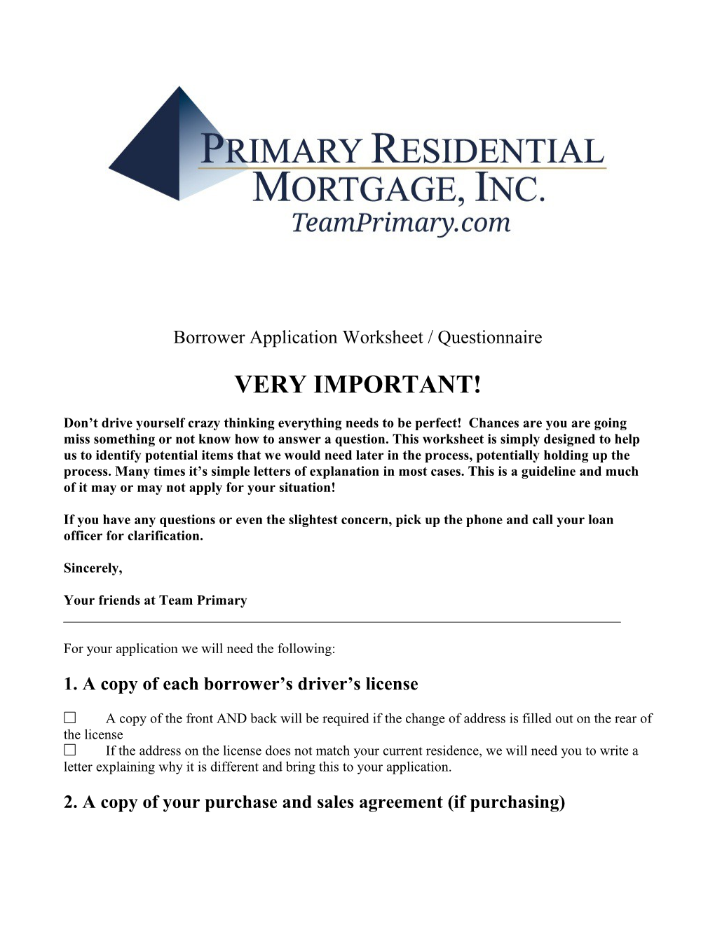 Borrower Application Worksheet / Questionnaire