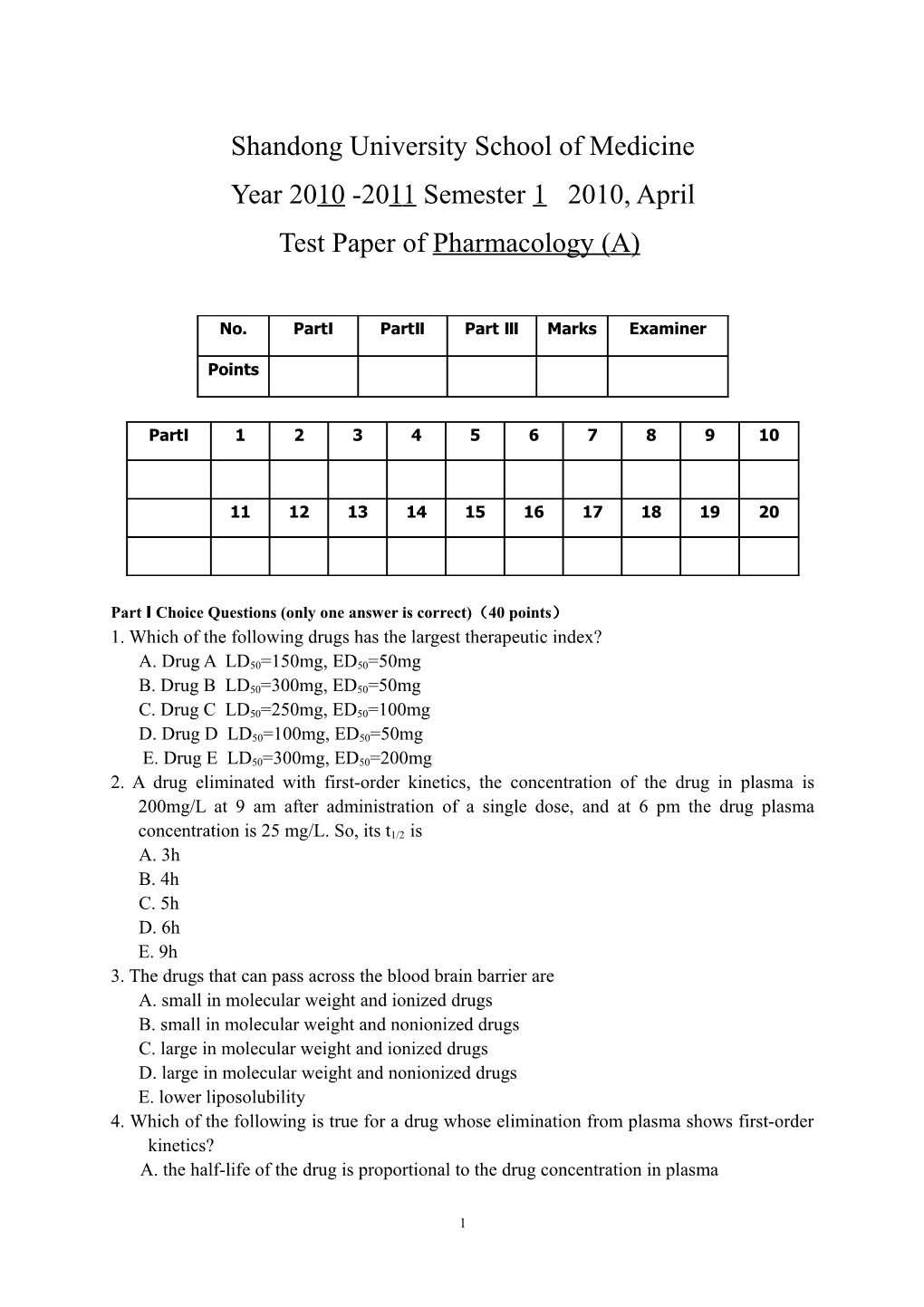 Pharmacology Exam for Grade 2007 Oversea Students (A)