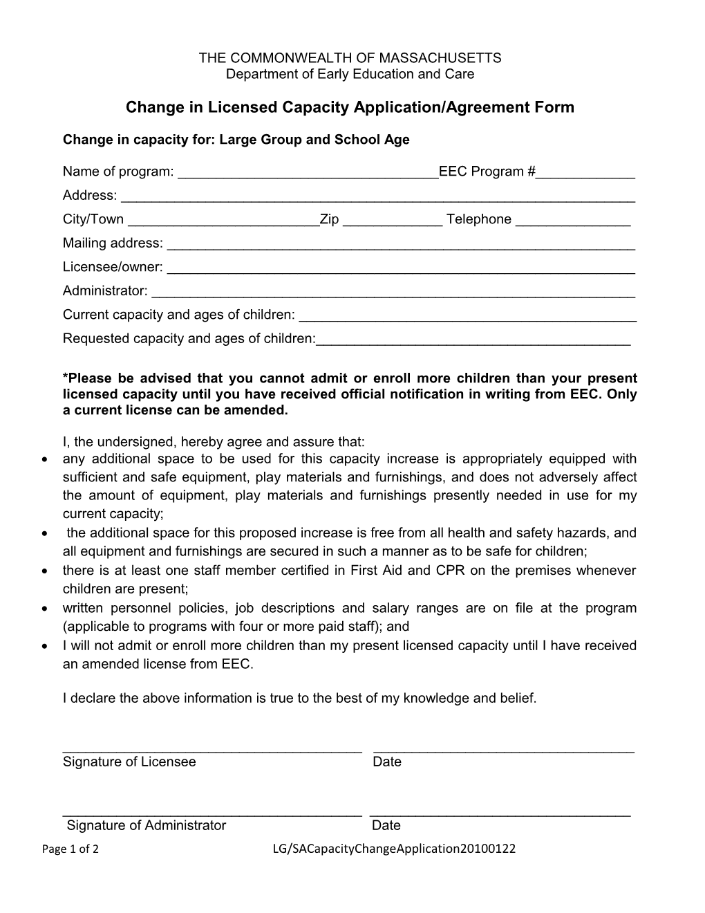 Change in Licensed Capacity Application/Agreement Form