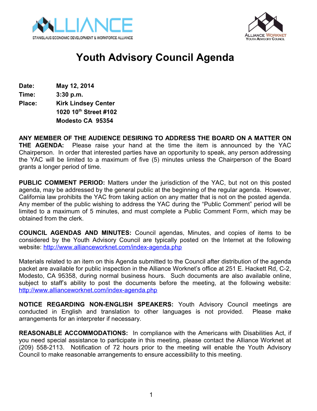 Youth Advisory Council Agenda