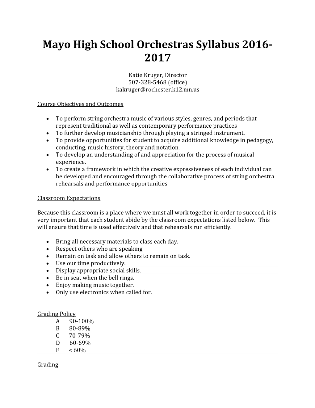 Mayo High School Orchestras Syllabus 2016-2017