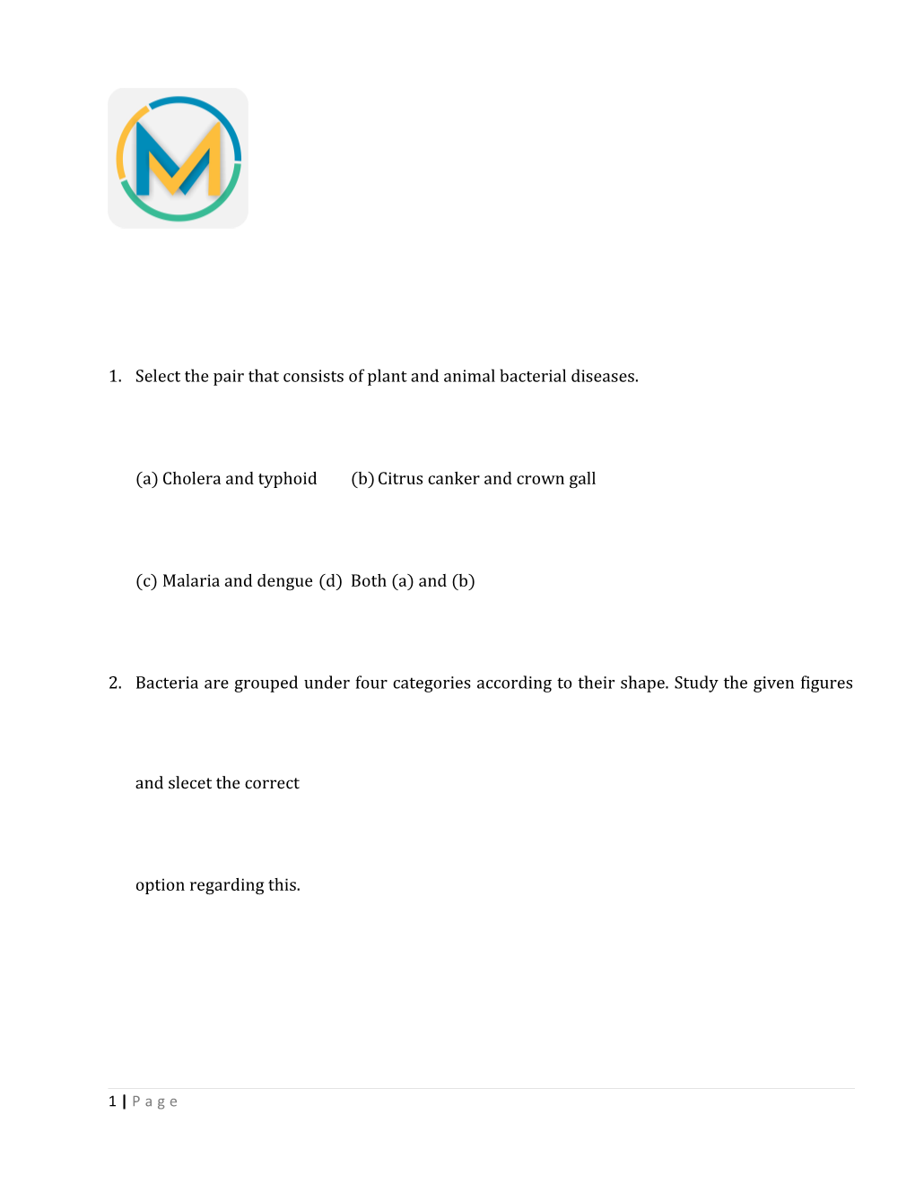 1. Select the Pair That Consists of Plant and Animal Bacterial Diseases