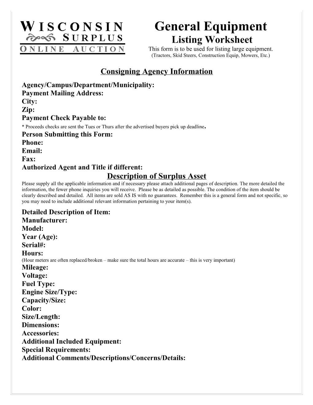 This Form Is to Be Used for Listing Large Equipment