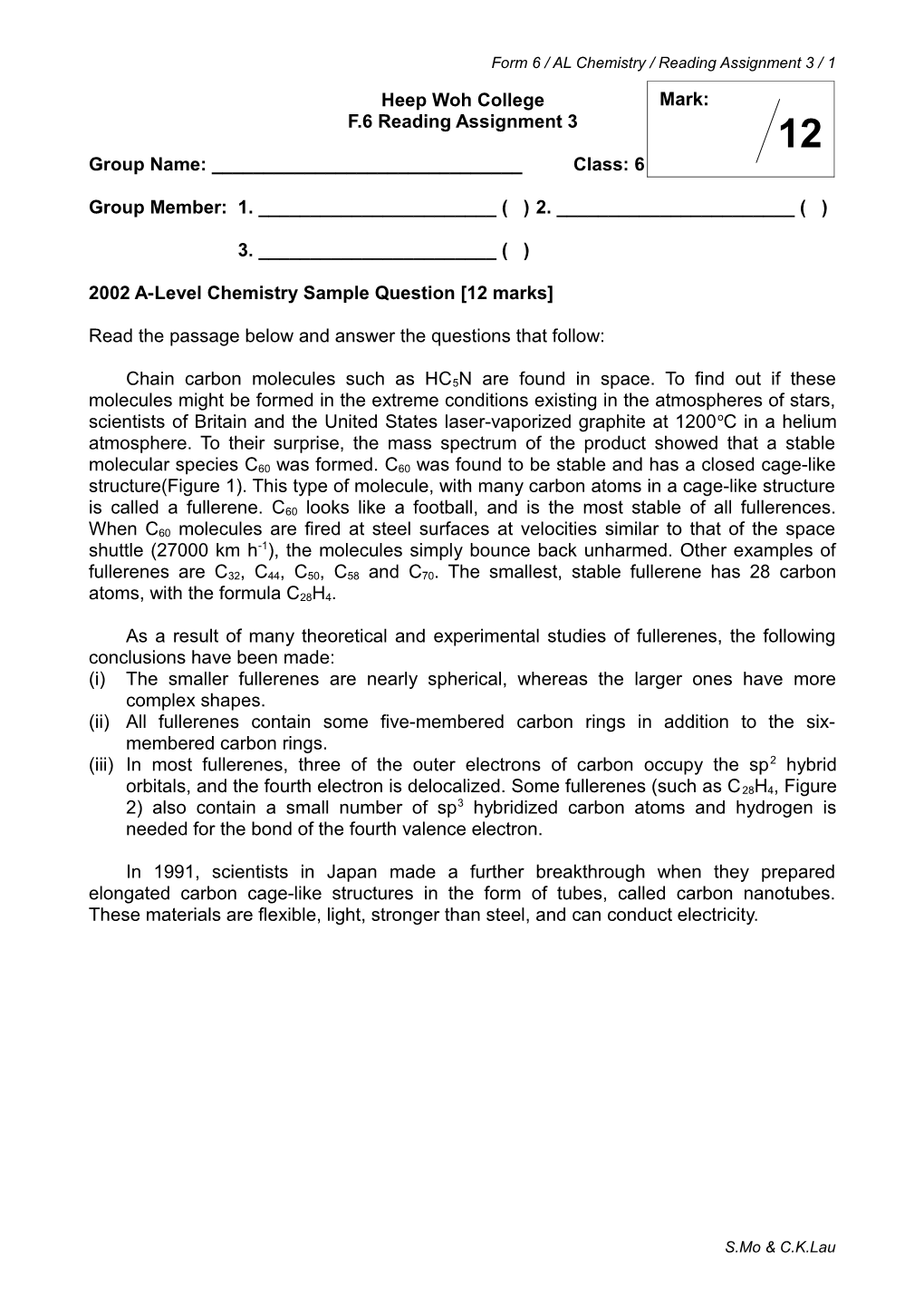 Form 6 / AL Chemistry / Reading Assignment 3 / 1