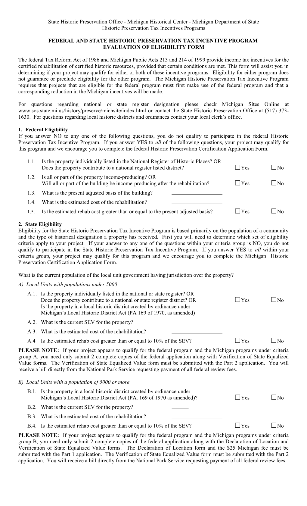 Federal and State Historic Preservation Tax Incentive Program Evaluation of Eligibility Form