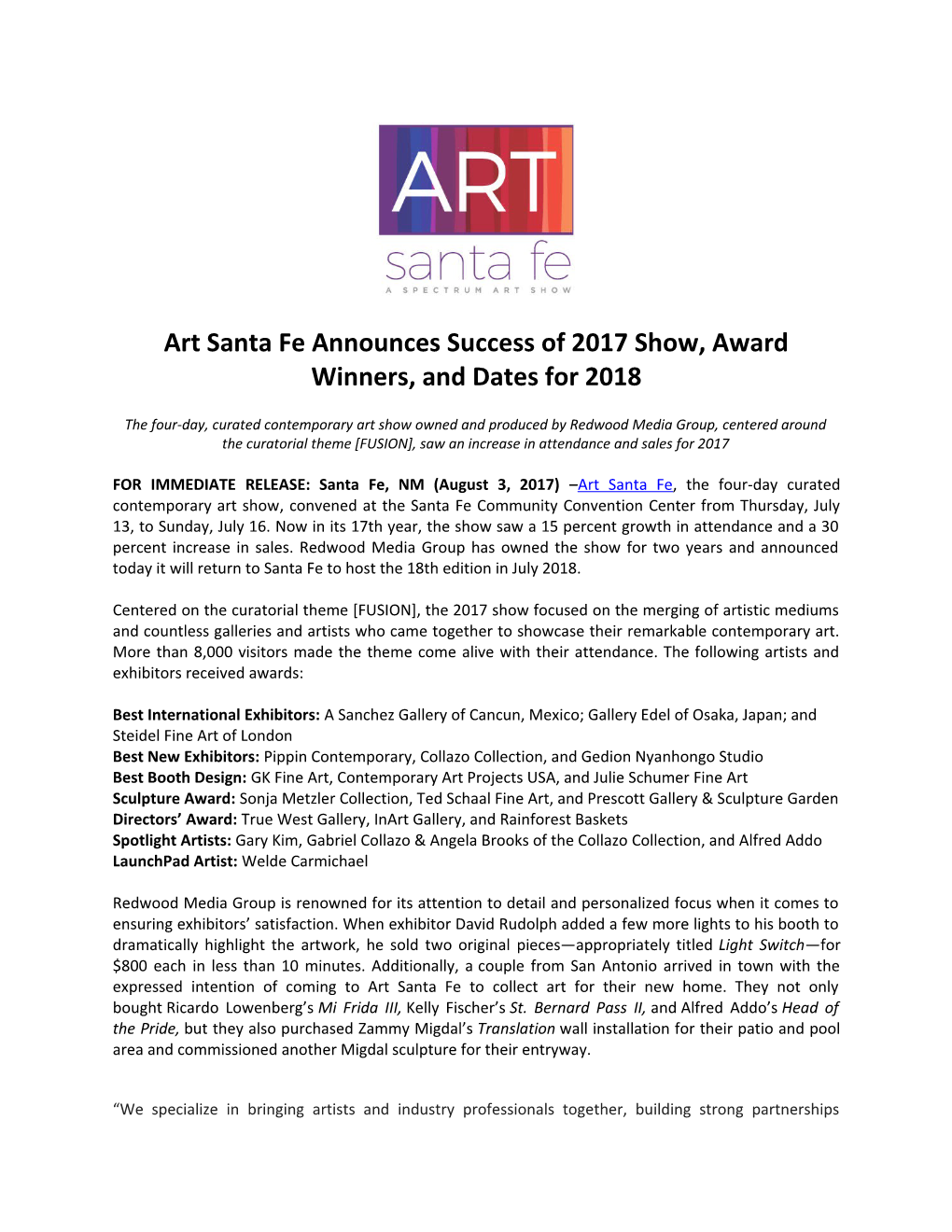 Art Santa Fe Announces Success of 2017 Show, Award Winners, and Dates for 2018