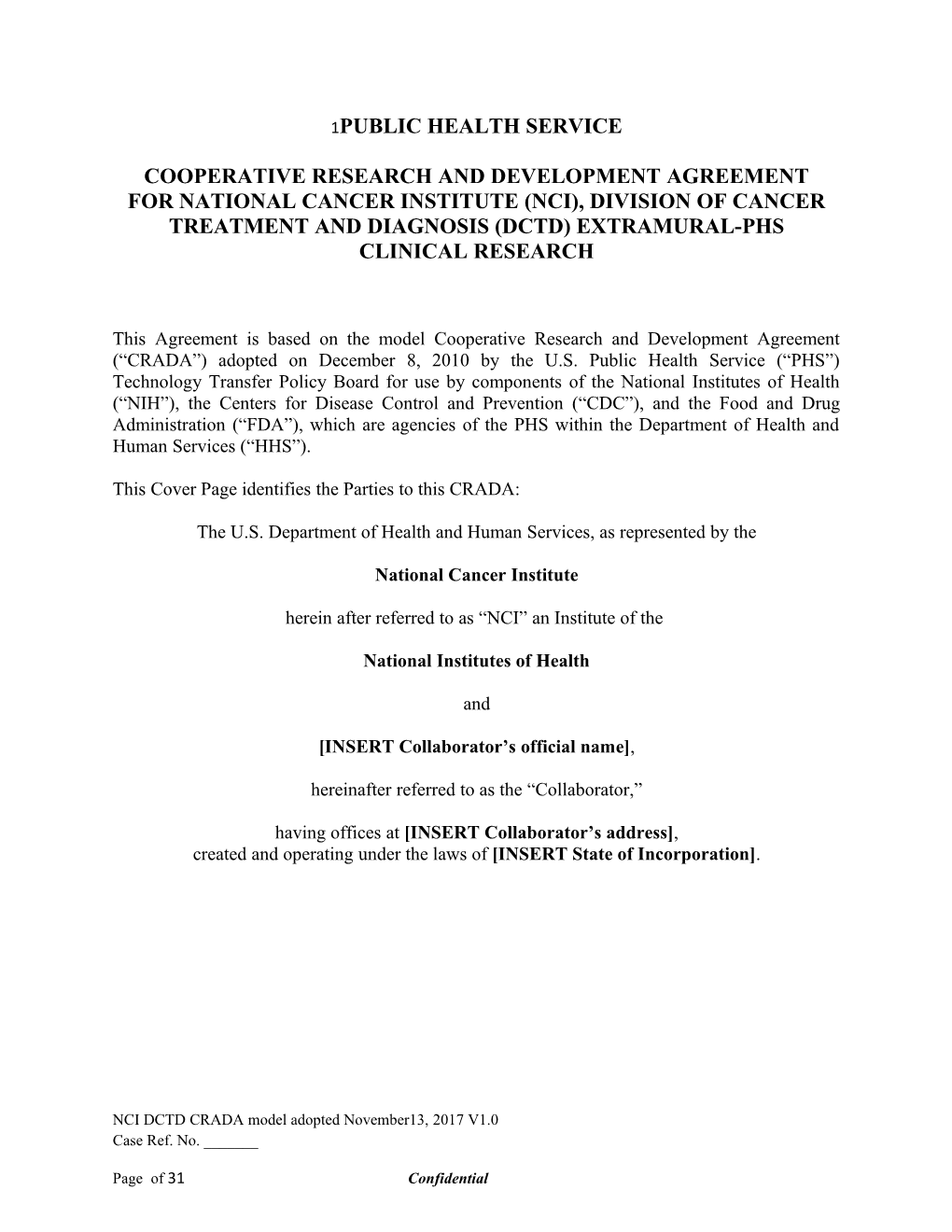 NCI DCTD CRADA Model 03-10-2017 V1.0 Revised 10-31-17