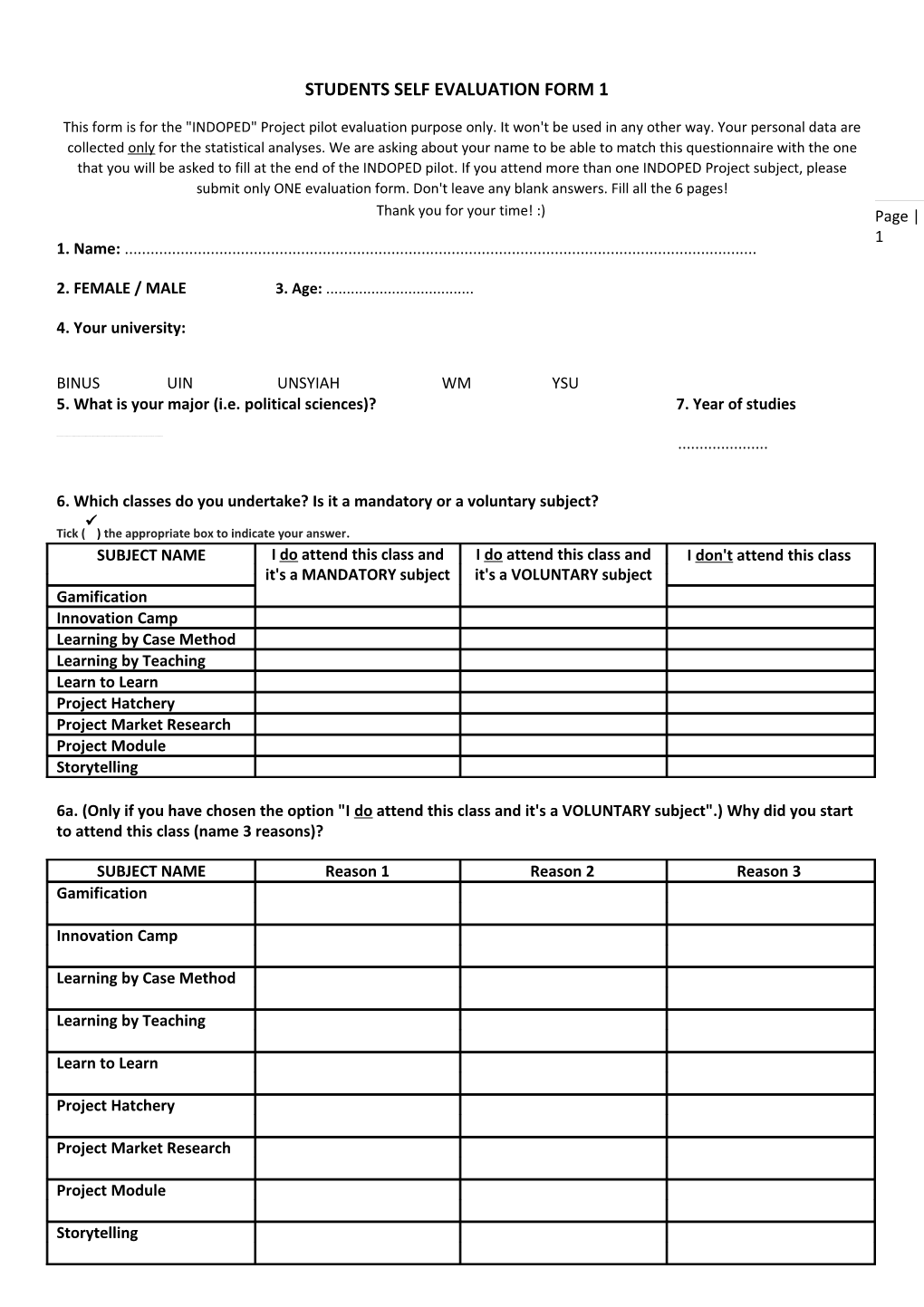 Students Self Evaluation Form 1