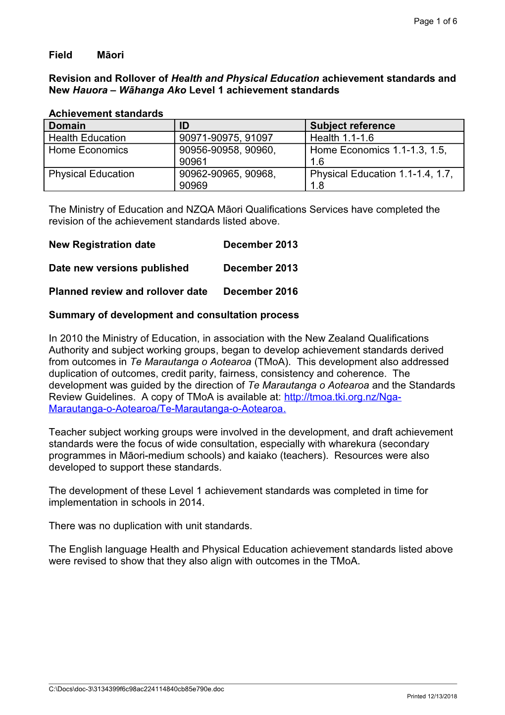 Revision and Rollover of Health and Physical Education Achievement Standards and New Hauora