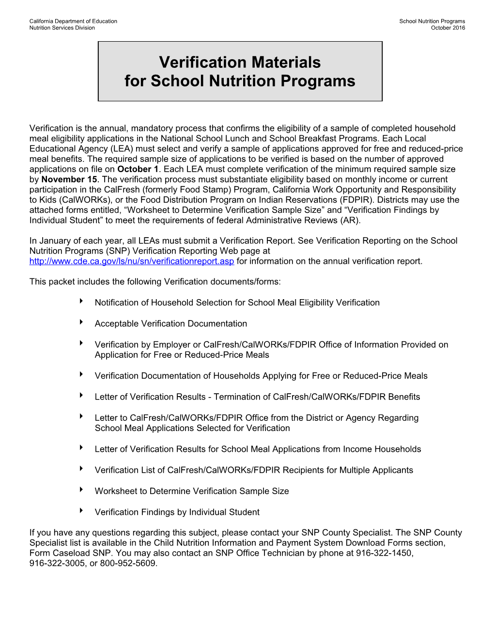 Verification Materials for SNP - School Nutrition (CA Dept of Education)